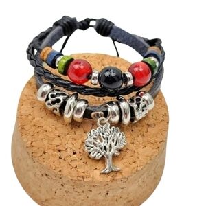3/$20 Tree Of Life Silver Charm Stack Bracelet Red Black Glass Beaded Adjustable
